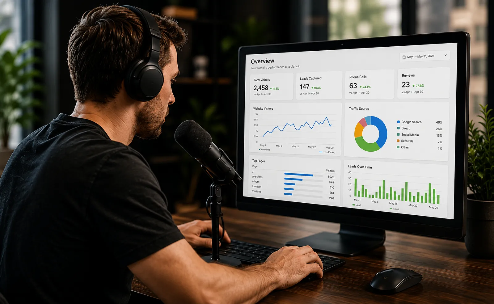 A strategy call in progress, reviewing a website performance dashboard on screen