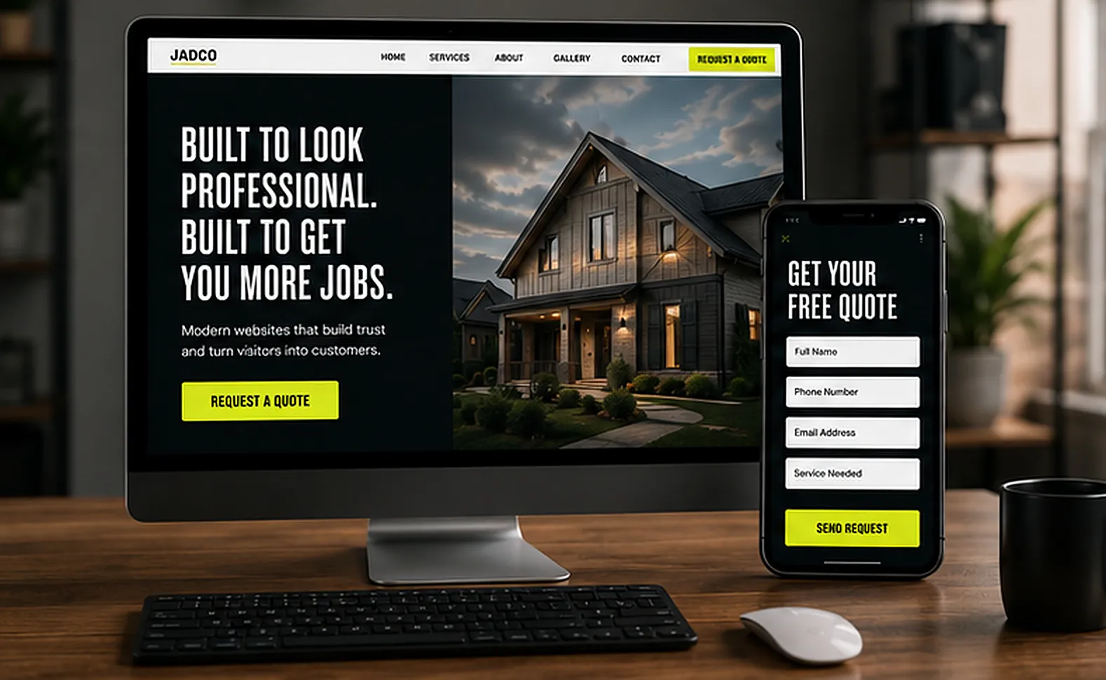 Desktop and mobile mockup of a finished contractor website with a quote request form