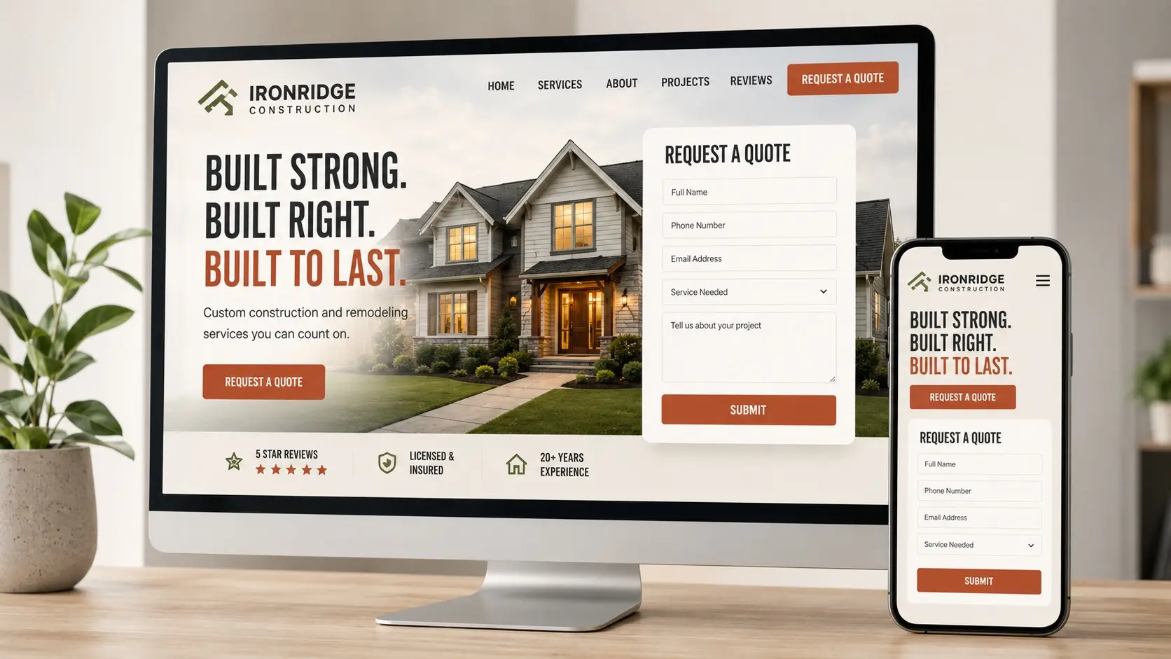 A contractor website shown on a desktop monitor and a phone, each with a request-a-quote form