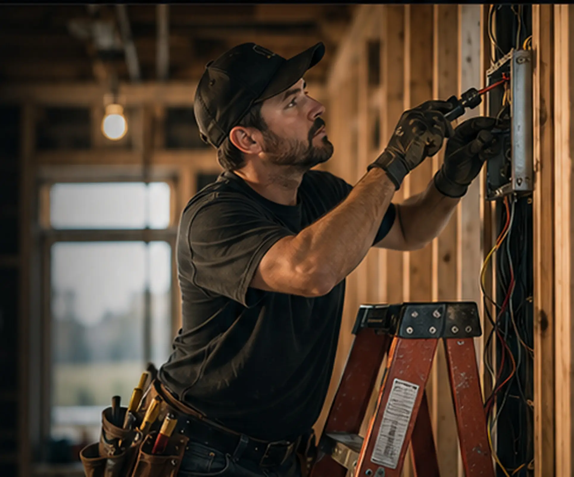 An electrician wiring a panel on a ladder inside a framed building