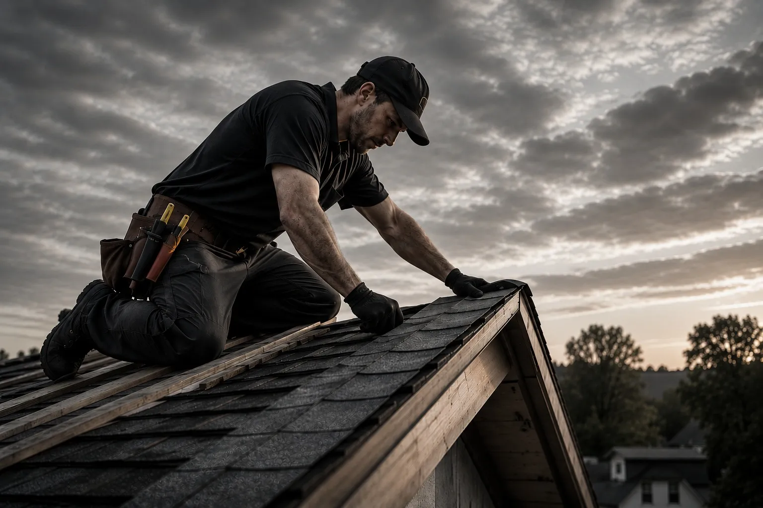 Roofing contractor working on a roof at sunset