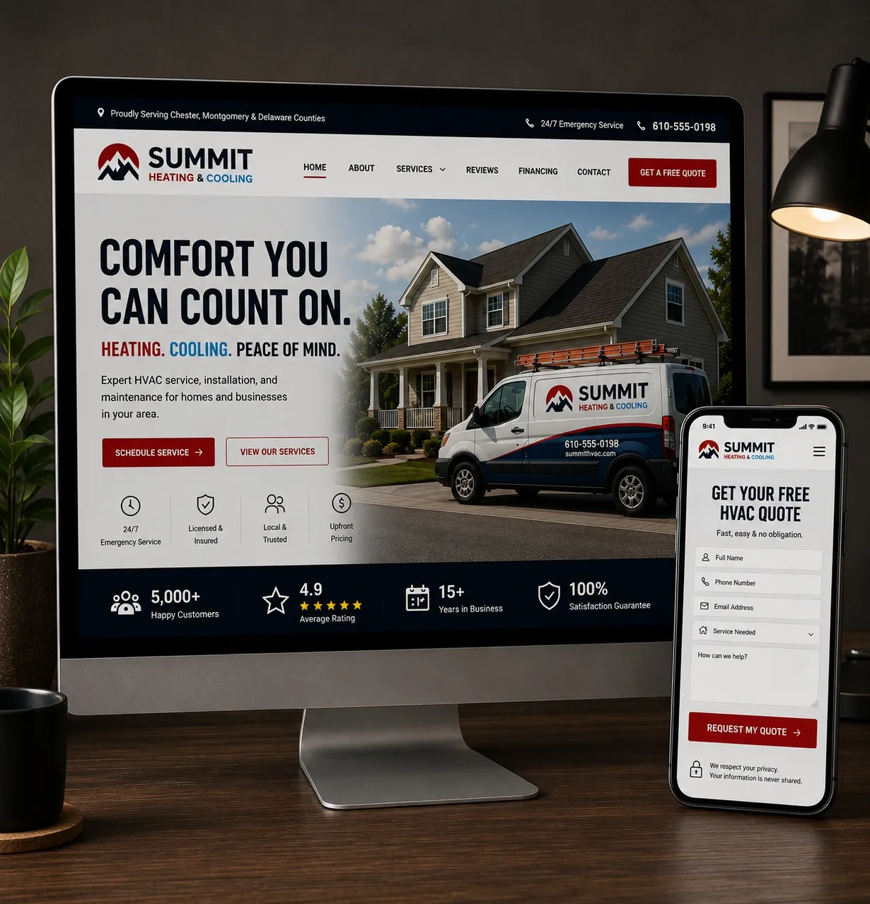 Desktop and mobile mockup of a home-services website with a request-a-quote form
